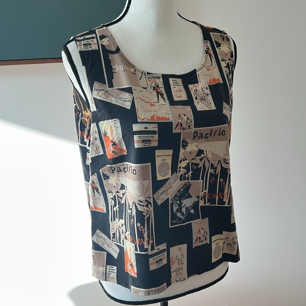 Tori Richard Vintage Silk Cream/ Black Graphic Tank Top, 14 - Picture 2 of 6
